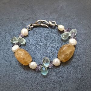 Citrine Amethyst And Pearl 925 Sterling Silver Multi-Gemstone Toggle Bracelet